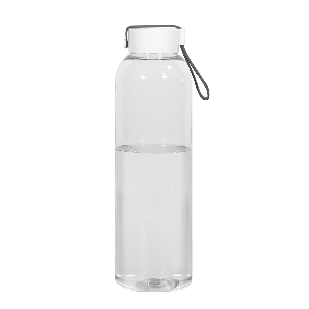 Vista lateral de la botella de agua transparente y elegante con tapa blanca.